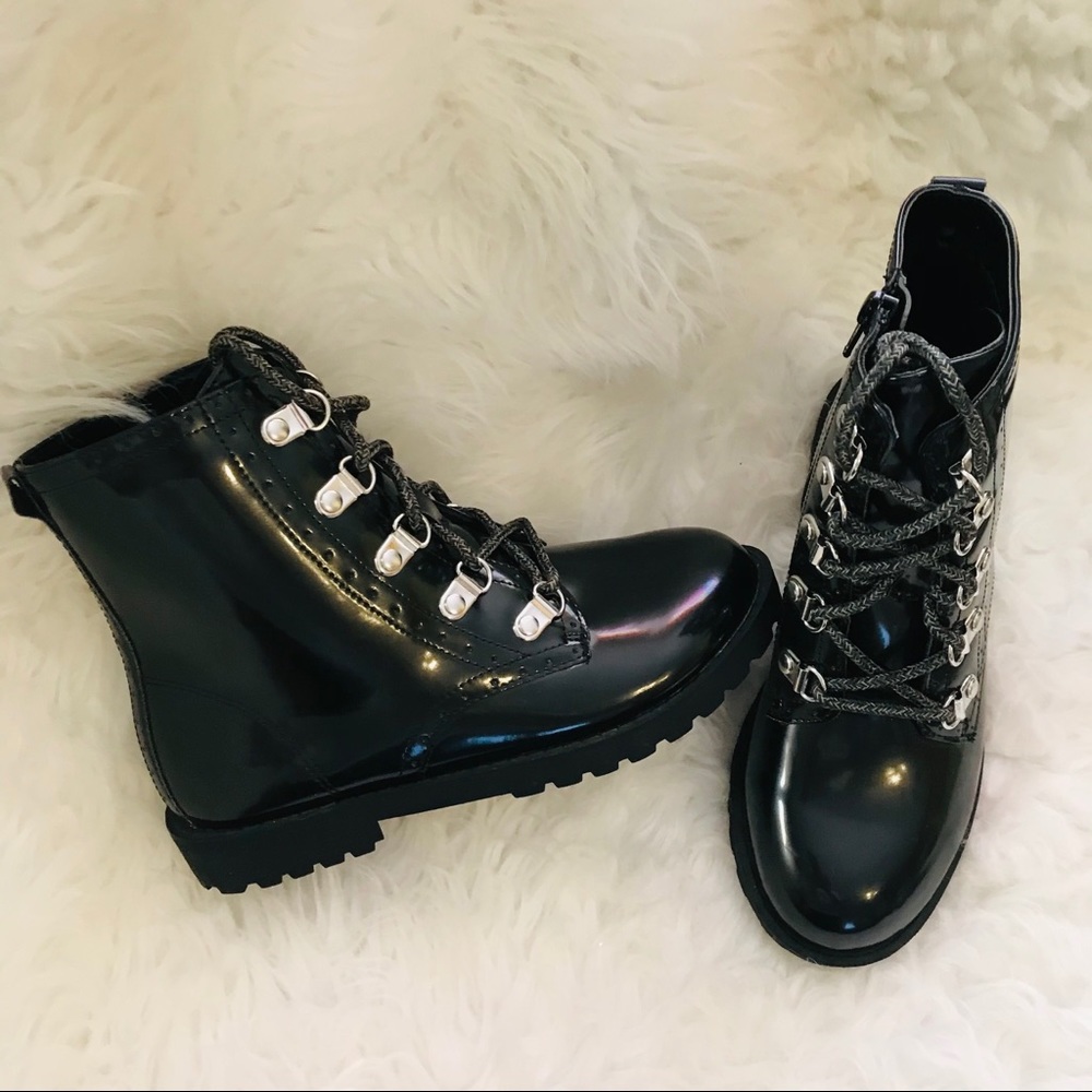“Patent leather” style boots black Girls size 2 kids Lace Up & Zip Combat Boots
